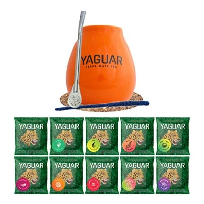 Image of Yerba Mate Tea Complete Set Begginer&#039;s Kit Yaguar 10 x 50 g Large Ceramic Gourd 350ml Stainless Steel Bombilla Cork Coaster Cleaner Product of Cebador