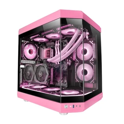 Image of Mars Gaming MC 3T, Custom ATX Case, Triple Window Continuous Tempered Glass, Full Liquid Cooling Support, Dual Side Camera, 3x Vertical PCI Slots, USB C and 3.0, Pink