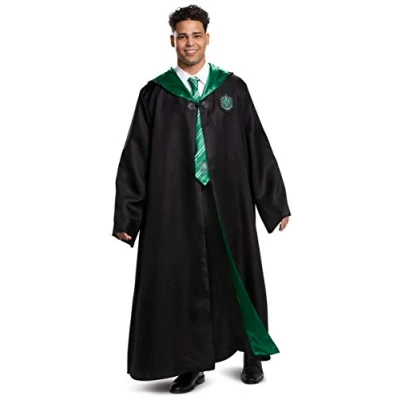 Image of DISGUISE 107979C Harry Potter, Deluxe Wizarding World Hogwarts House Themed Robes, Dress Up Costume Accessory Slytherin Outerwear, Solid, Black &amp; Green, Adult XXL (50 52)