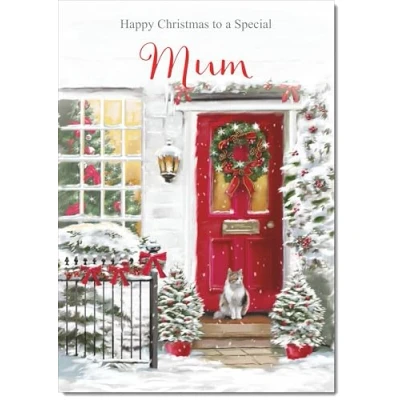 Image of doodlecards Mum Christmas Card Red Door Medium Size with Plain Envelope, 21 x 15cm