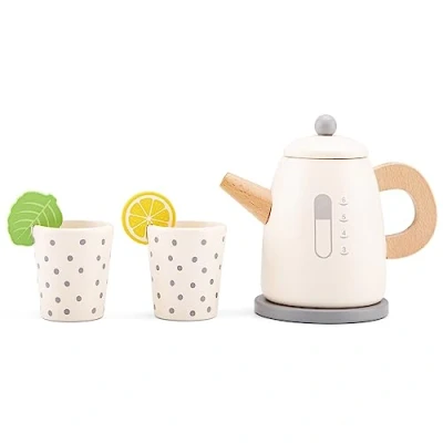 Image of New Classic Toys Kettle Set Wooden Pretend Play Tea Includes Kettle, Mint Leaf, Lemon Slice, Two Cups Fun and Educational Toy for Kids
