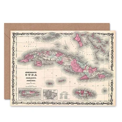 Image of Wee Blue Coo 1862 JOHNSON MAP CUBA AND PORTO RICO BIRTHDAY BLANK GREETINGS CARD