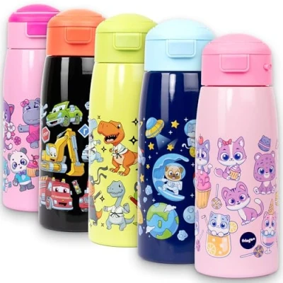 Image of Fringoo 350ml Kids Water Bottle with Straw Stainless Steel Bottle,Insulated Double Wall, 100% Leakproof and Lockable, Carry Handle, 12hr temp control,Pink Cats Sweets Design