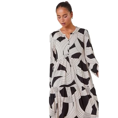 Image of Roman Petite Linear Print Tiered Stretch Dress for Women UK Ladies Autumn Everyday Winter Holiday V Neckline Comfy Long Sleeve Soft Button Front Frock Day Date Gowns Black Size 14