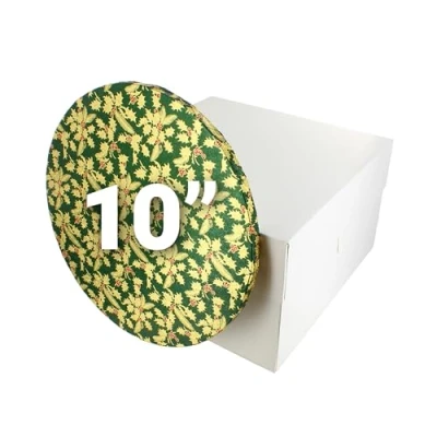 Image of Culpitt Christmas Cake Board &amp; Box Set 10&quot;, Green White Gold Holly Drum, Festive Transport Combo