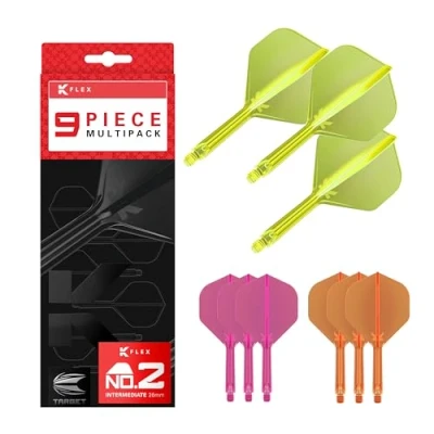 Image of TARGET Darts K Flex Integrated Dart Flights and Shafts, Intermediate Stem (26mm), No.2 Flight, 9 pack Bundle, Neon Pink, Orange &amp; Yellow