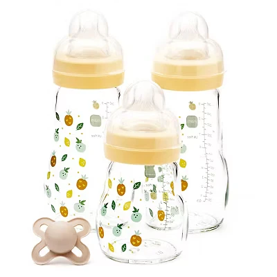 Image of MAM Glass Baby Bottles and Soother Starter Set, Anti Colic for Newborn Babies, Includes 3x 1x 0 2 Months