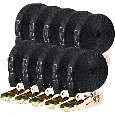 Image of 10 Pack Lashing Ratchet Tie Down Tensioning Belts, 6m Long 25mm Belts with Adjustable Tensile Strength 800 kg, for Load Securing (Black)
