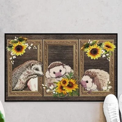 Image of Bioputty Sunflower Hedgehog Doormat Non Slip Absorbent Resist Dirt Front Door Mat Washable Welcome Mats Animal Decor Outdoor Inside Floor Rugs for Home/Bathroom/Kitchen/Bedroom/Entryway
