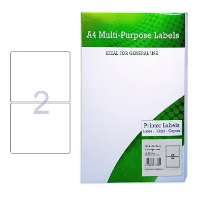 Image of A4 Multipurpose Labels 2 Per Sheet 199.6 x 143.5mm (White) Pk of 100