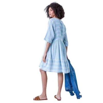 Image of Roman Cotton Stripe Print Smock Dress for Women UK Ladies Spring Everyday Summer Holiday V Neckline Comfy 3/4 Sleeve Soft Woven Fabric Frock Vacation Gowns Aquamarine Size 16