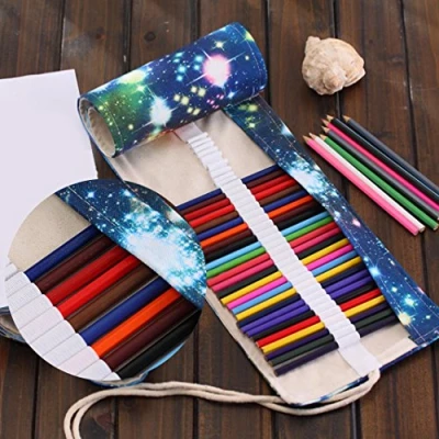 Image of Asnlove Canvas Pencil Wrap, Roll Up Case Travel Drawing Pencils Holder Pouch Pocket Bag for School Office Art Sketch, 72 Colored