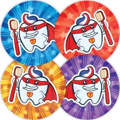 Image of Stone Melon School Reward Stickers 144 Super Teeth Dentist Bravery Brushing 30mm Round Awards Nursery Teachers Parents Children Kids
