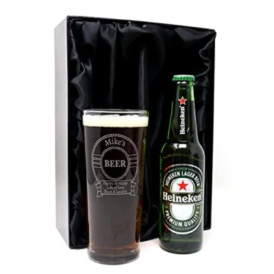 Image of Regalo Personalised Pint Glass &amp; Beer Design (Heineken Premium Lager Beer, Silk Lined Gift Box)