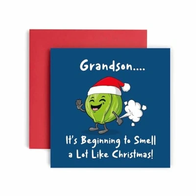 Image of Huxters Christmas Cards for Men Smells Like Sprout Grandson Card him Funny Holiday Fun Happy 14.8cm (Grandson)