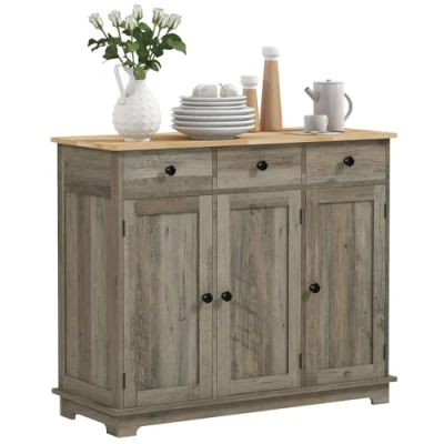 Image of HOMCOM Modern Sideboard with Rubberwood Top, Buffet Cabinet Storage Cabinets, Drawers and Adjustable Shelves for Dining Room, Kitchen, Grey Wood Effect