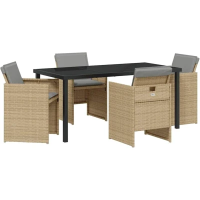 Image of vidaXL 5 Piece Garden Dining Set with Cushions Beige Poly Rattan