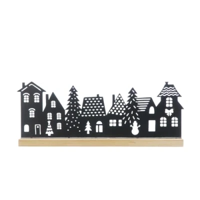 Image of Festive Productions 40cm Black Wooden Cut Out Street Scene on Natural Base Christmas Decoration for Home Gift Idea Décor