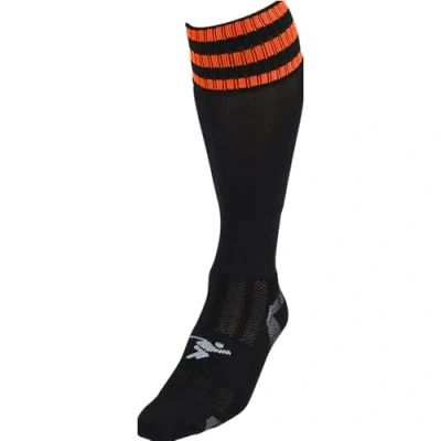 Image of Loops ADULT Size 7 11 Pro 3 Stripe Football Socks BLACK/ORANGE Contoured Ankle