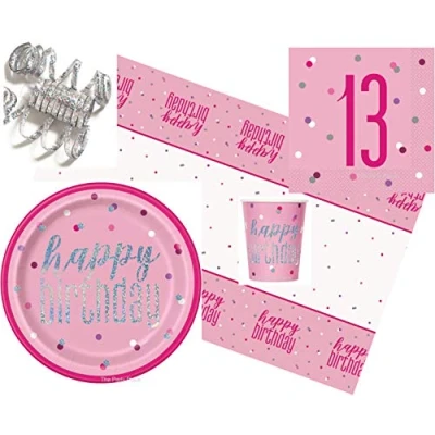 Image of Pink Glitz 13th Birthday Party Tableware Pack for 16