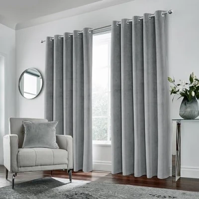 Image of Enhanced Living Grey Velvet, Supersoft, Blackout, Thermal Pair of Curtains with Eyelet Top 100% Energy Saving, Noise Reducing, Curtain 90 x 108 inch (229x275cm)