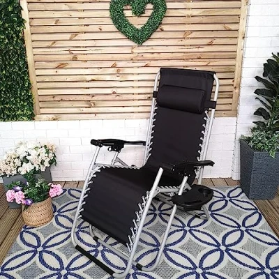 Image of Multi Position Garden Zero Gravity Relaxer Chair Sun Lounger in Black &amp; Silver
