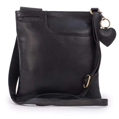 Image of Gigi Women&#039;s Small Leather Crossbody Bag Slim Shoulder With Adjustable Strap Heart Keyring Charm OTHELLO 2057 Black