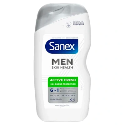 Image of Sanex men skin Health Active Fresh Shower Gel 400ml x 6 dry body wash for controls odour 24 hours deeply hydrates in 1 benefits dermatologically tested 0% sulphates*