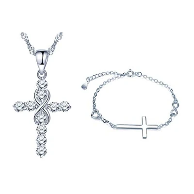 Image of Cross Necklace Bracelet 925 Sterling Silver Religion Bracelets for Women Girls
