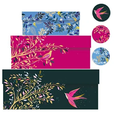 Image of Sara Miller Hummingbirds Nest of 3 Boxes finished with gold foil, size: small 165 x 50 110mm, medium 230 90 165mm, large 310 130 225mm