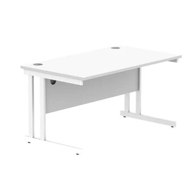 Image of Office Hippo Essentials Rectangular Desks, Home Writing Computer Desk For Work Place Or Home, With Cable Port Management, White Frame, Arctic White, 140cm x 80cm