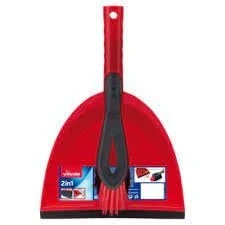 Image of Vileda 2 in 1 Dustpan and Brush Set Rubber Lip Sticks Perfectly to The Floor Hard Red Fibres on Tip for Corners Pick up dust Dirt Effectively
