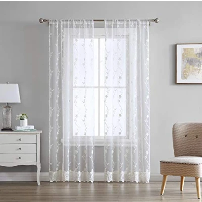 Image of Laura Ashley Melody Vine Sheer Curtains with Rod Pocket, Each Panel Measures 54&quot; W x 96&quot; L, Ivory, 2 Panels