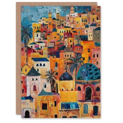 Image of Artery8 Moroccan Cityscape Artwork Colourful Exotic Ochre Greeting Birthday Card Him Her All Blank