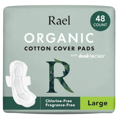 Image of Rael Organic Cotton Cover Sanitary Towels Heavy Absorbency, Ultra Thin Period Pads with Wings for Women, Unscented, Hypoallergenic, Vegan, Bulk Buy (Large, 48 Count)