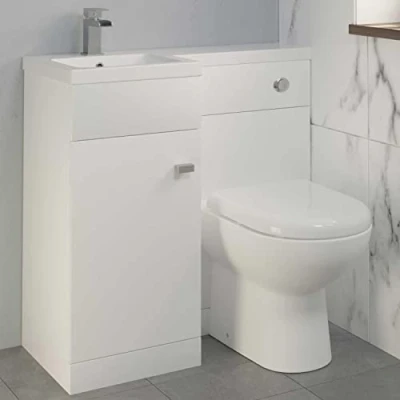 Image of AURORA 900mm L Shape Bathroom Vanity Sink Unit Furniture Storage, Left Hand White Gloss + Basin Ceramic D Shaped Toilet with Concealed Cistern
