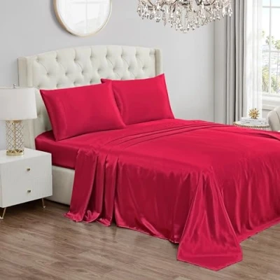 Image of Juicy Couture Full Size Satin Bed Sheet Set, Deep Pocket Silky Set with 1 Fitted Sheet, Flat and 2 Pillow Case, Wrinkle Resistant Anti Pilling Sheets Hot Pink