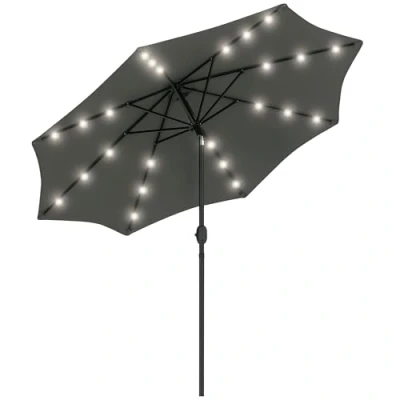 Image of Outsunny 2.7m Patio Garden Umbrella Outdoor Parasol with Tilt Crank and 24 LEDs Lights (Grey)