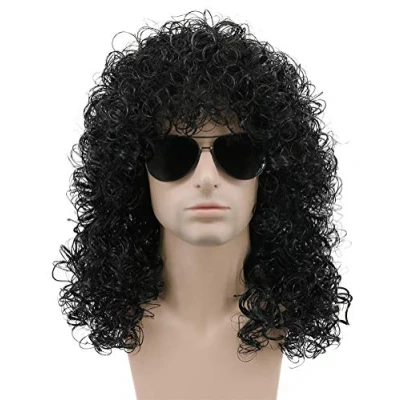 Image of Karlery 70s 80s Rocker Mullet Afro Wig Mens Long Curly Black Halloween Party Costume