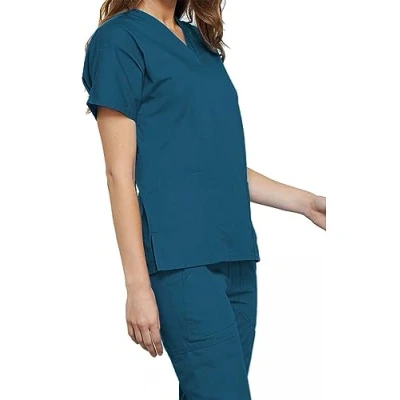 Image of CHEROKEE Women Woman Scrub Top Plus Size Originals Medical Clothing with Pockets V Neck WWE4700 Caribbean Blue 2XL