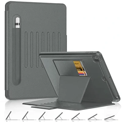 Image of DAORANGE Case for iPad 9th / 8th 7th Generation, 10.2 Inch 2021/2020/2019, PU Leather Shockproof Magnetic Smart Cover with Pen Holder, 7 Angle Stand, Auto Sleep/Wake (Gray)