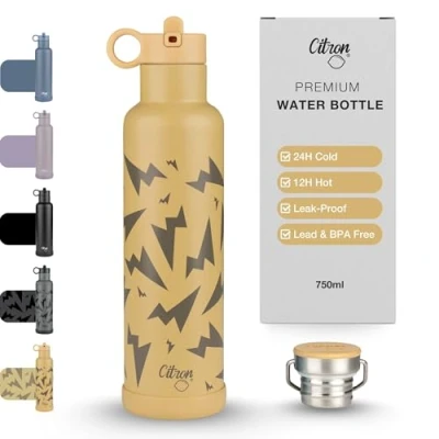 Image of Citron Stainless Steel Insulated Water Bottle 750ml Yellow, 24H Cold &amp; 12H Hot, 2 Lids, BPA Free
