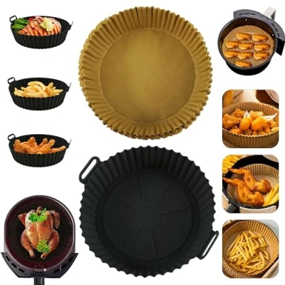 Image of 51 Piece Round Air Fryer Liner Set, Silicone Basket, Parchment Papers, Liners for Fryer, Filter Non Stick Airfryer Liners, Size 16cm