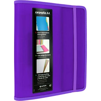 Image of Grafoplás 88200035 A4 Violet Polypropylene 4 Ring Binder, with Side Flap, Refill of 100 Sheets, Dividers and Transparent Envelope, Multiline.