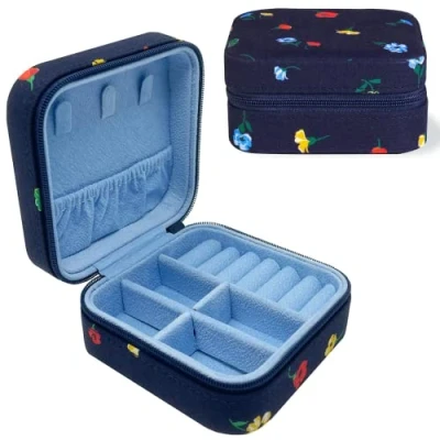 Image of Kate Spade New York Navy Floral Travel Jewelry Case, Small Box to Organize Rings, Necklaces, Earrings, Garden Toss