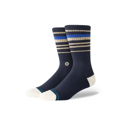 Image of Stance Eclipse Crew Socks Navy Blue Striped Patterned Calf Medium