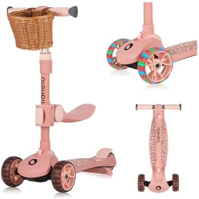Image of Lionelo Franky 2in1 Toddler Balance Bike &amp; 3 Wheel Scooter for Ages 1 5 Up to 50kg with LED Wheels Adjustable Handlebar Seat Bastket Lightweight Foldable Durable Ideal First Ride On (Beige, FRANKY)