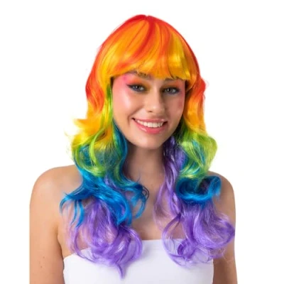 Image of Wicked Costumes Adult Ladies Rainbow Multicoloured Long Curly Wig with Fringe