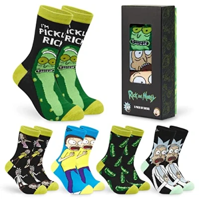 Image of Rick and Morty Mens Calf Length Socks, Pack of 5 Soft Breathable Funny Socks Gifts for Men (Green/Black)