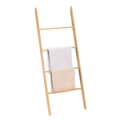 Image of Navaris Bamboo Towel Ladder Wood Rack for Towels, Clothes, Blankets Wall Leaning Wooden Bathroom, Bedroom 4 Tier Holder Stand
